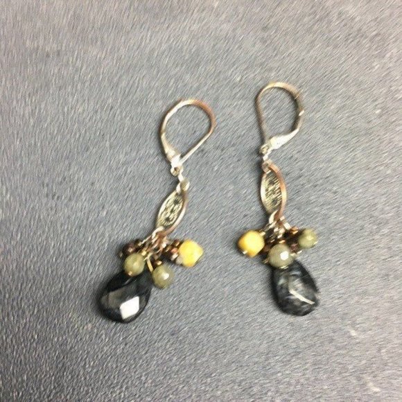 Dangle Pierced Earrings Black Green Grey Brown Silver Filagree Ellipse BoHo - Picture 2 of 4